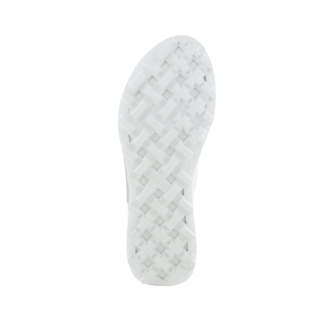 Bottom outsole view of the ECCO Women’s BIOM 2.1 X Country Low in Shadow White featuring the flexible rubber outsole with aggressive lugs engineered to provide dependable grip on uneven, rocky, wet, and slippery surfaces while BIOM® Natural Motion® Technology and cushioned support help provide comfort for conditions such as plantar fasciitis, overpronation, flat feet, forefoot pain, metatarsalgia, heel pain, sensitive feet, and general foot fatigue.