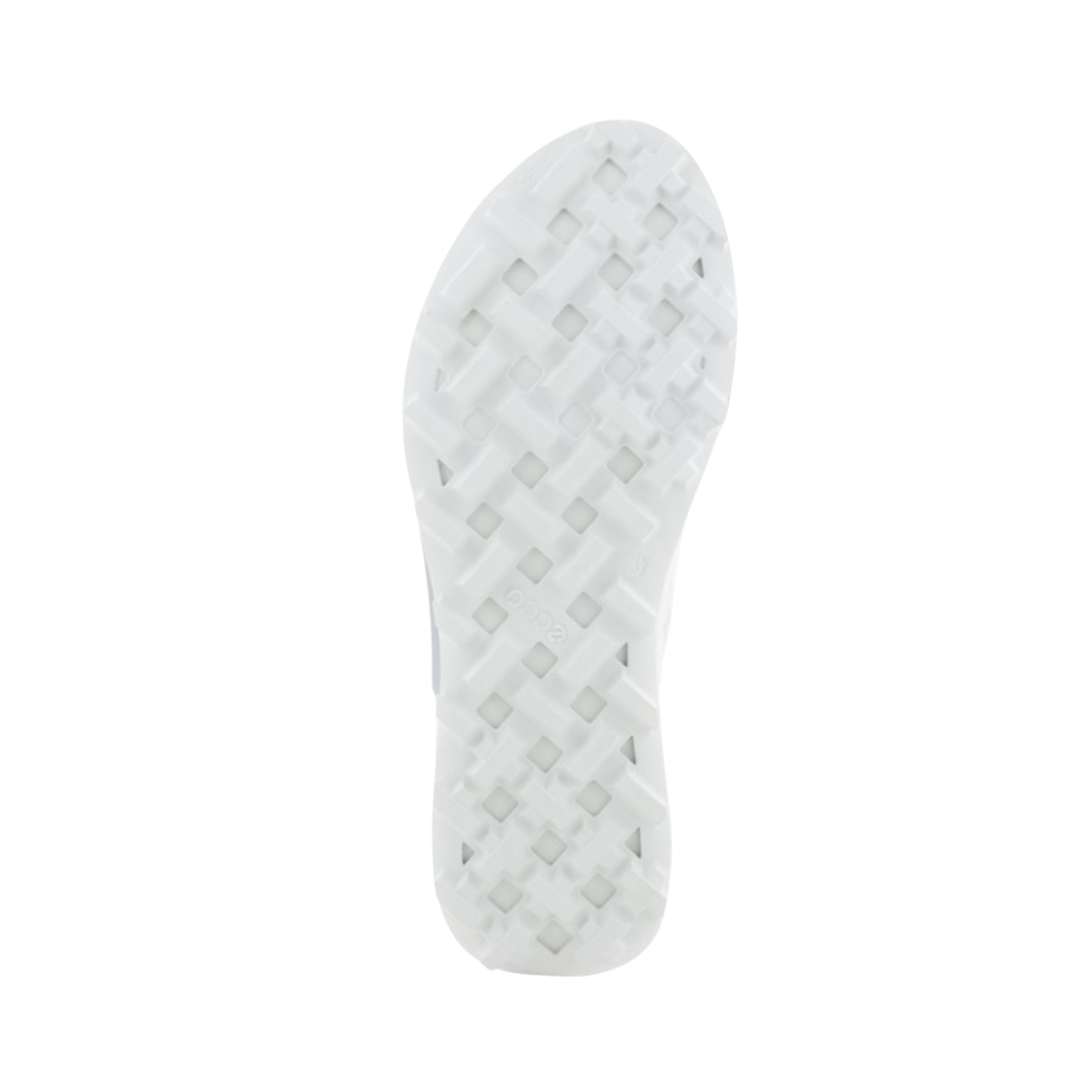 Bottom outsole view of the ECCO Women’s BIOM 2.1 X Country Low in Shadow White featuring the flexible rubber outsole with aggressive lugs engineered to provide dependable grip on uneven, rocky, wet, and slippery surfaces while BIOM® Natural Motion® Technology and cushioned support help provide comfort for conditions such as plantar fasciitis, overpronation, flat feet, forefoot pain, metatarsalgia, heel pain, sensitive feet, and general foot fatigue.