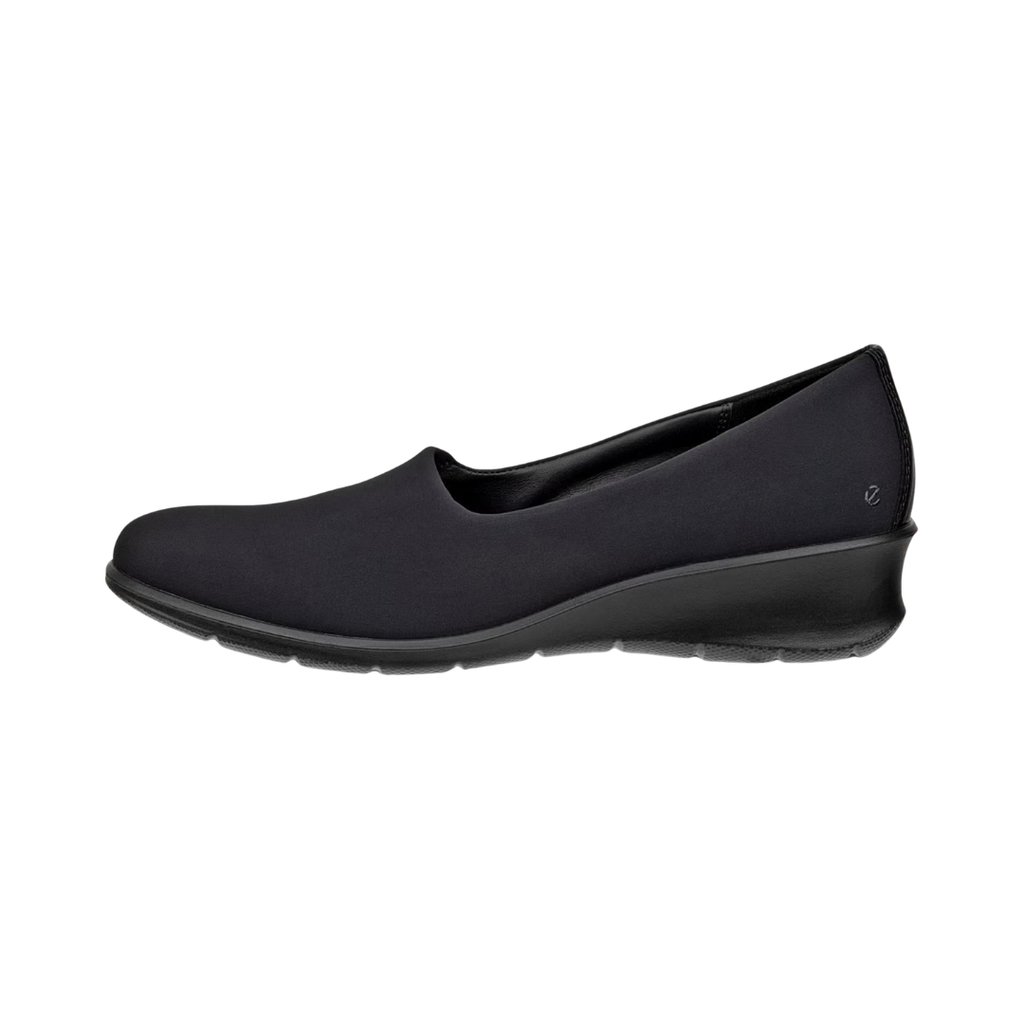 ECCO Women’s Felicia Stretch Slip-On in Black featuring a suede and stretch textile upper, hidden elastic gores, FLUIDFORM™ Direct Comfort Technology, removable orthotic-friendly insole, 1.5-inch wedge heel, and shock-absorbing PU outsole for flexible, supportive everyday comfort.