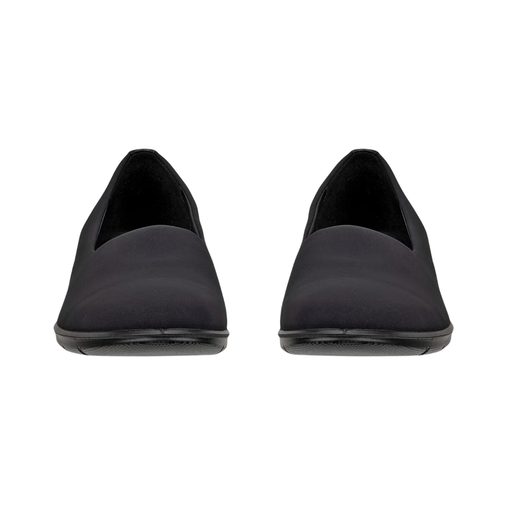 Front view of the ECCO Women’s Felicia Stretch Slip-On in Black showcasing the sleek suede upper, flexible stretch panels, rounded toe, and polished slip-on silhouette designed for easy everyday wear at work, while traveling, or during casual outings.