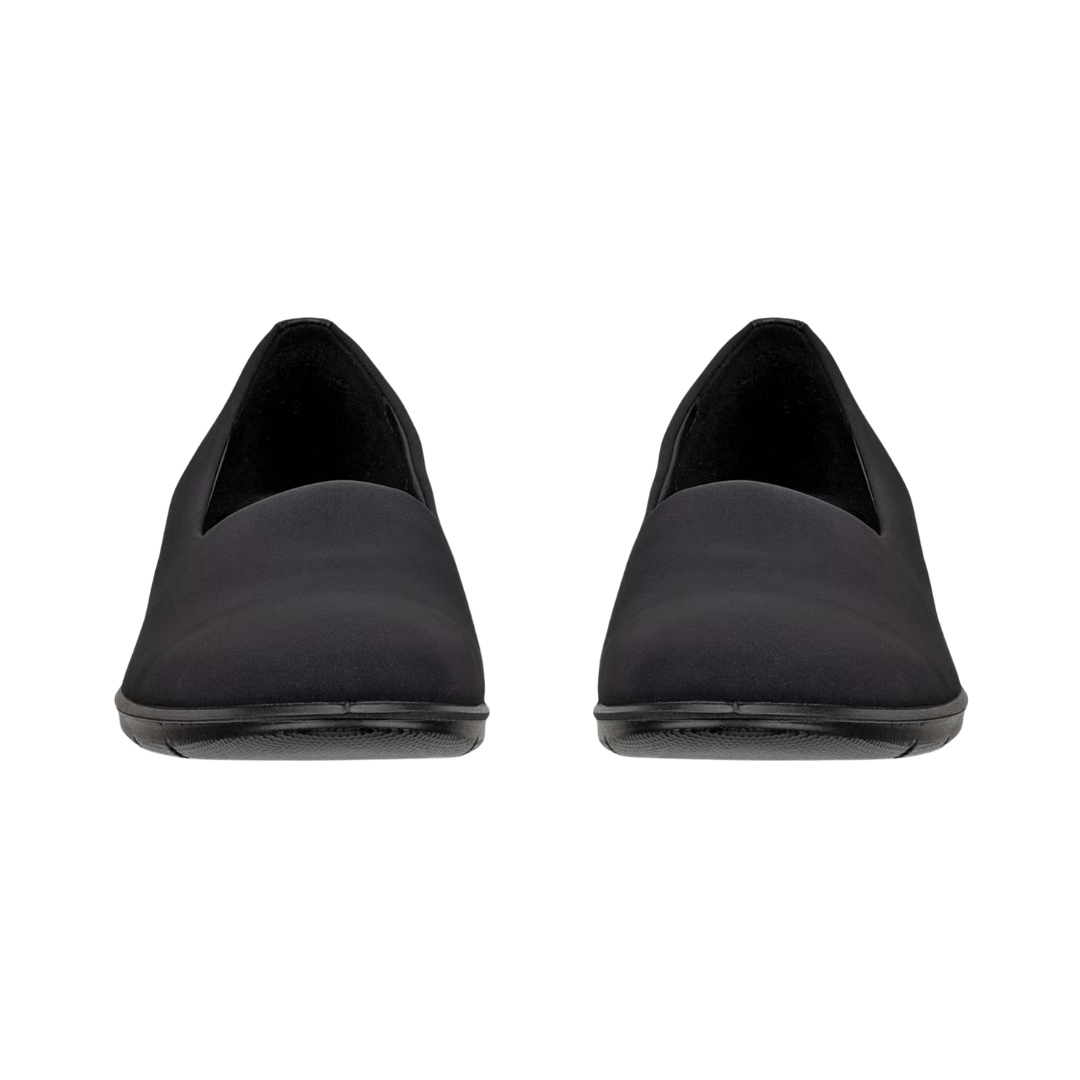 Front view of the ECCO Women’s Felicia Stretch Slip-On in Black showcasing the sleek suede upper, flexible stretch panels, rounded toe, and polished slip-on silhouette designed for easy everyday wear at work, while traveling, or during casual outings.
