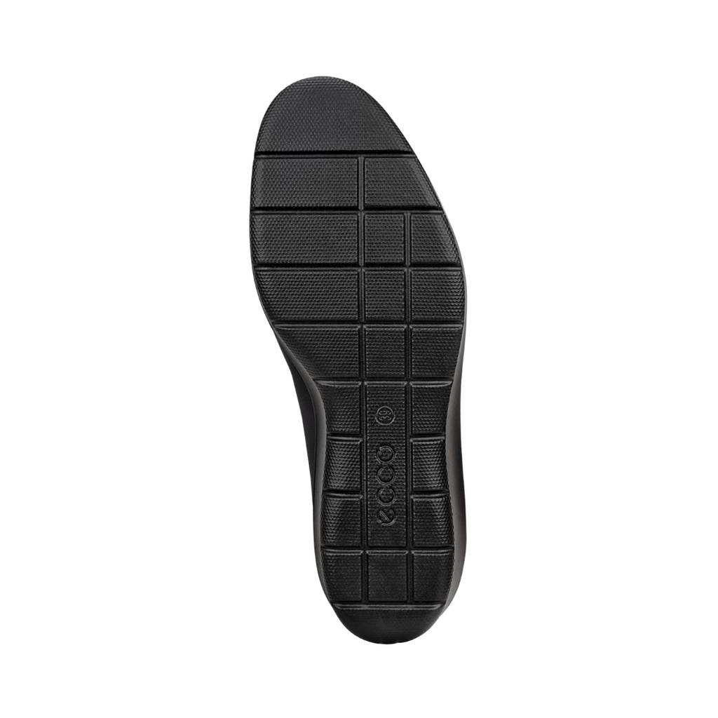 Bottom outsole view of the ECCO Women’s Felicia Stretch Slip-On in Black featuring the lightweight shock-absorbing PU outsole engineered to provide traction, flexibility, and stability while FLUIDFORM™ Direct Comfort Technology delivers cushioned support for conditions such as plantar fasciitis, arthritis, joint pain, flat feet, fallen arches, swollen feet, bunions, and general foot fatigue.