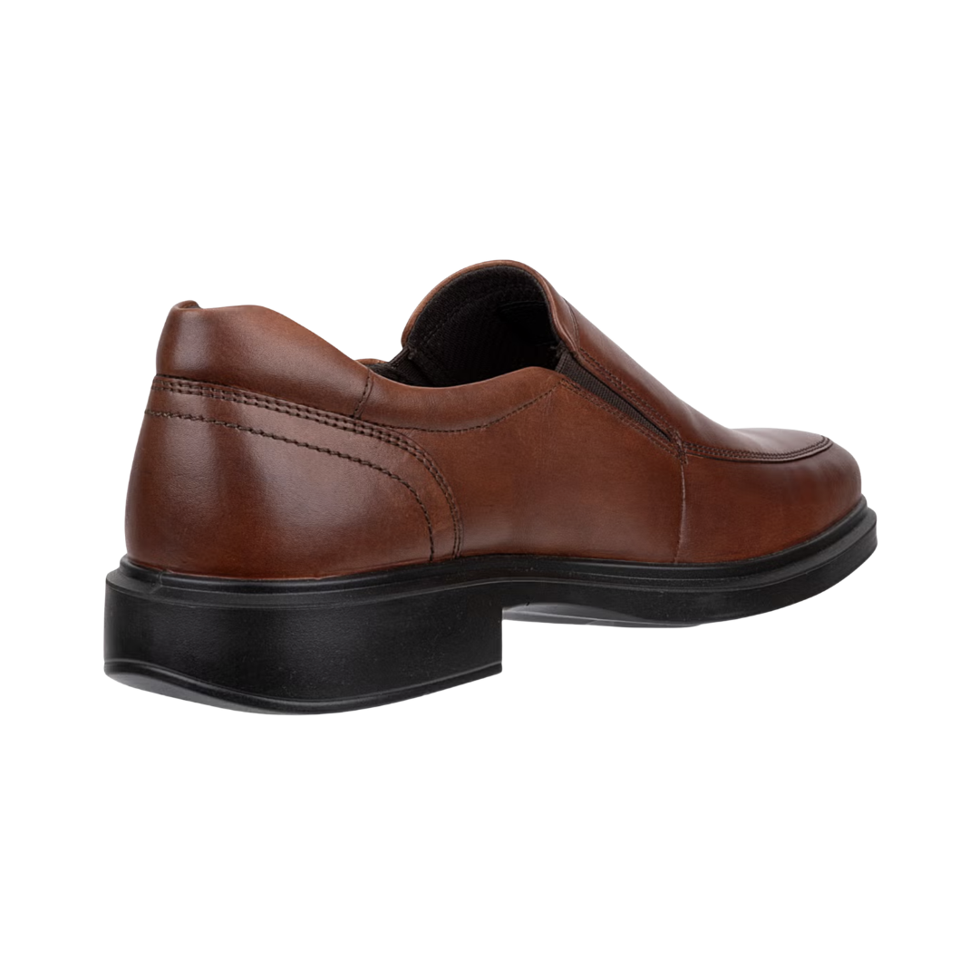 Back heel view of the ECCO Men’s Helsinki 2 Apron Toe Slip-On in Cognac highlighting the supportive heel construction, soft textile lining, PHORENE™ cushioning, FLUIDFORM™ sole, and durable outsole designed to absorb impact and provide stable, comfortable steps throughout the day.