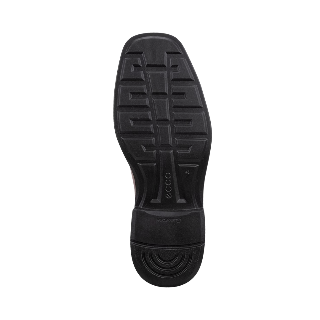 Bottom outsole view of the ECCO Men’s Helsinki 2 Apron Toe Slip-On in Cognac featuring the FLUIDFORM™ shock-absorbing sole engineered to provide flexible cushioning and lightweight support while the PHORENE™ footbed and Dual Fit construction help provide comfort for conditions such as plantar fasciitis, heel pain, arch discomfort, metatarsalgia, bunions, high arches, joint stress, and general foot fatigue.