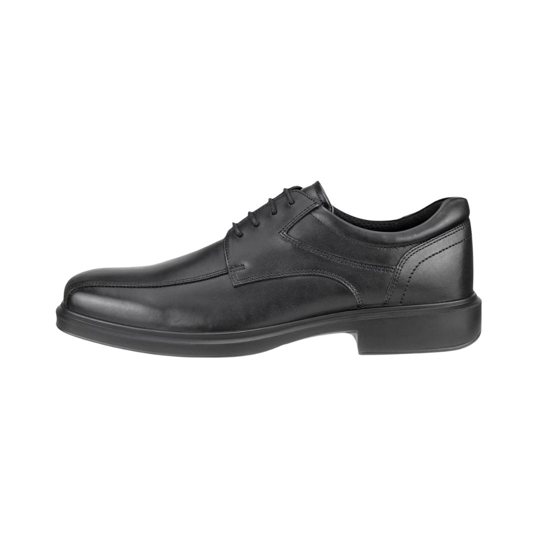 ECCO Helsinki 2 Bike Toe Derby in Black featuring a polished full-grain leather upper, bike toe stitching, FLUIDFORM™ Direct Comfort Technology, dual-fit removable orthotic-friendly insole, textile and leather lining, and flexible rubber outsole for professional style and lasting comfort.