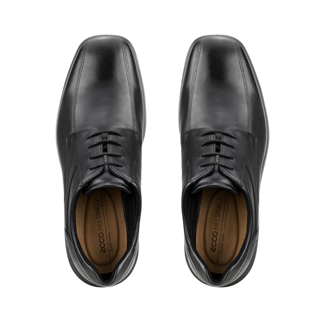 Top view of the ECCO Helsinki 2 Bike Toe Derby in Black displaying the polished leather upper, traditional lace-up system, bike toe detailing, and dual-fit removable insole designed to provide a customizable fit while accommodating custom orthotics or supportive inserts.