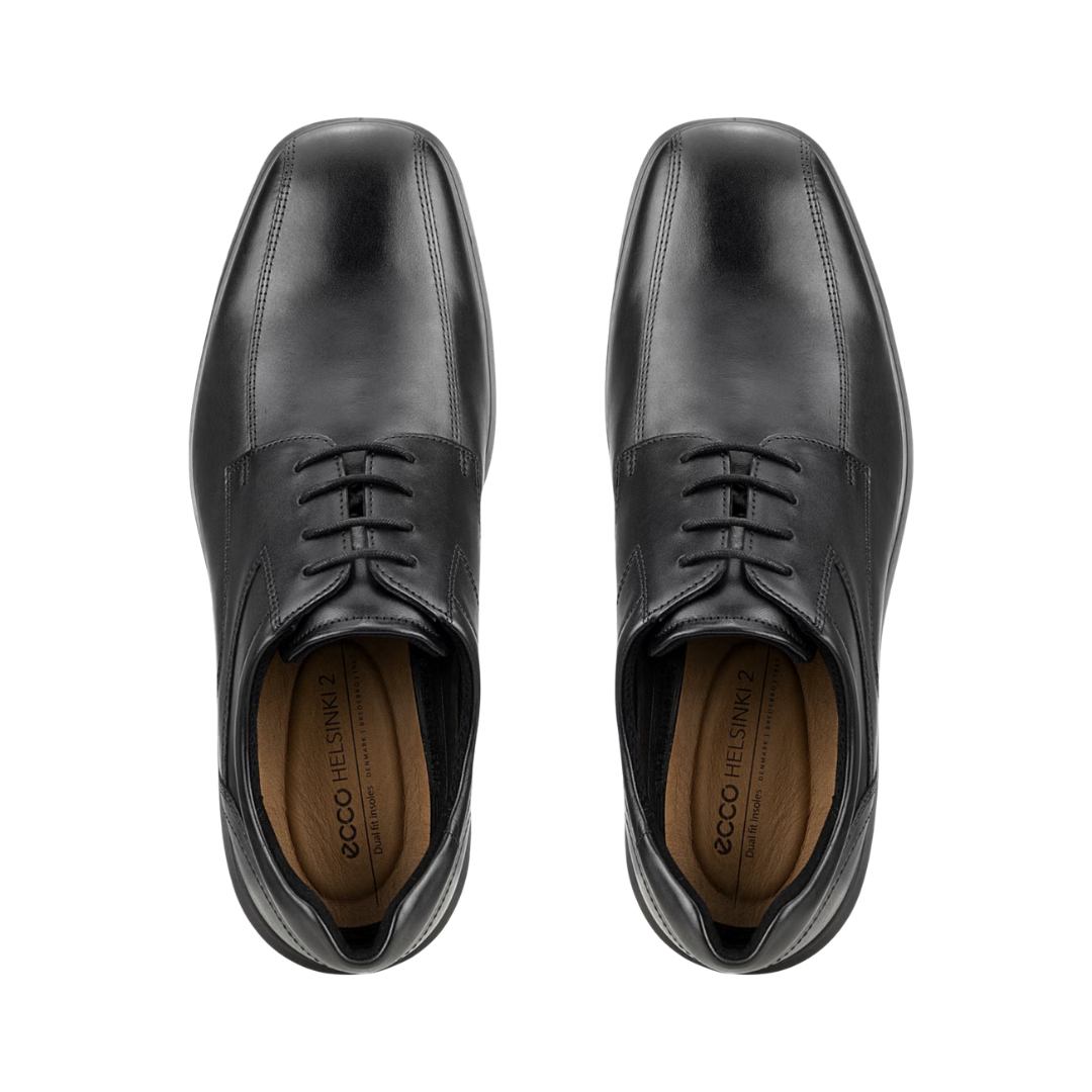 Top view of the ECCO Helsinki 2 Bike Toe Derby in Black displaying the polished leather upper, traditional lace-up system, bike toe detailing, and dual-fit removable insole designed to provide a customizable fit while accommodating custom orthotics or supportive inserts.