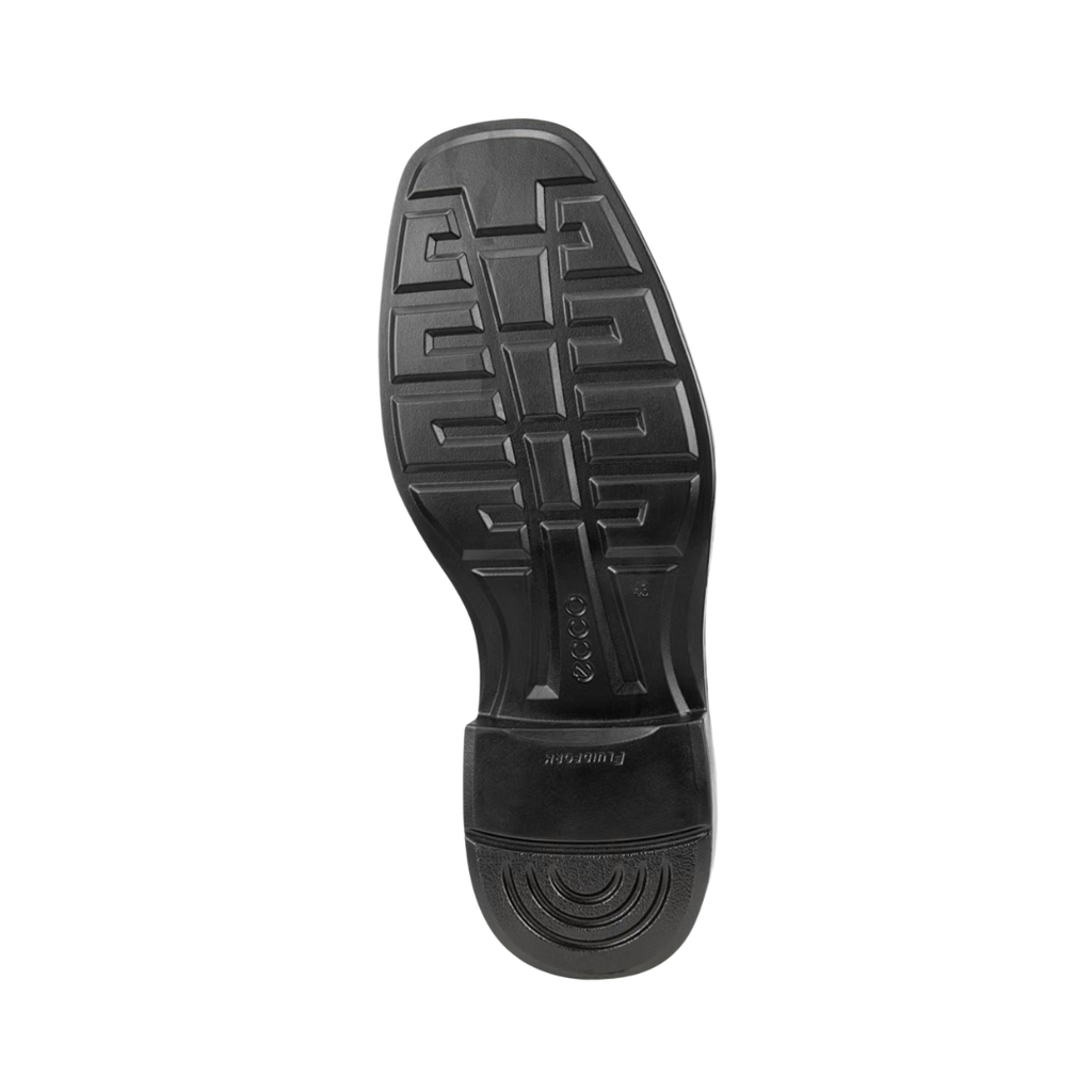 Bottom outsole view of the ECCO Helsinki 2 Bike Toe Derby in Black featuring the flexible rubber outsole engineered to provide excellent grip and shock absorption while FLUIDFORM™ Direct Comfort Technology delivers cushioned, ergonomic support for conditions such as plantar fasciitis, flat feet, overpronation, arthritis, joint pain, metatarsalgia, and general foot fatigue.