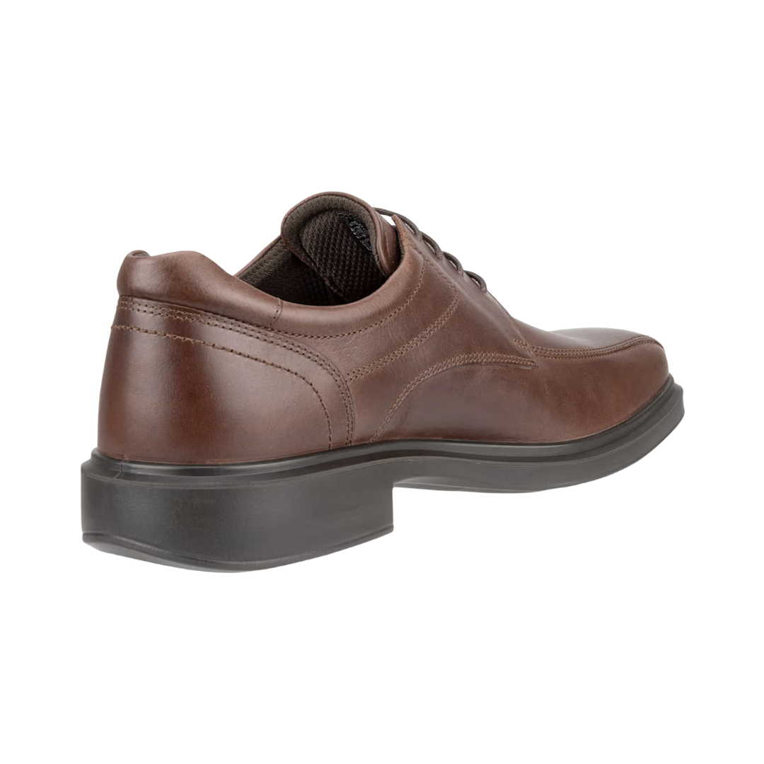 Back heel view of the ECCO Helsinki 2 Bike Toe Derby in Mink highlighting the supportive heel construction, cushioned interior, FLUIDFORM™ Direct Comfort sole, and durable rubber outsole designed to provide shock absorption, stability, and comfortable support during extended wear.