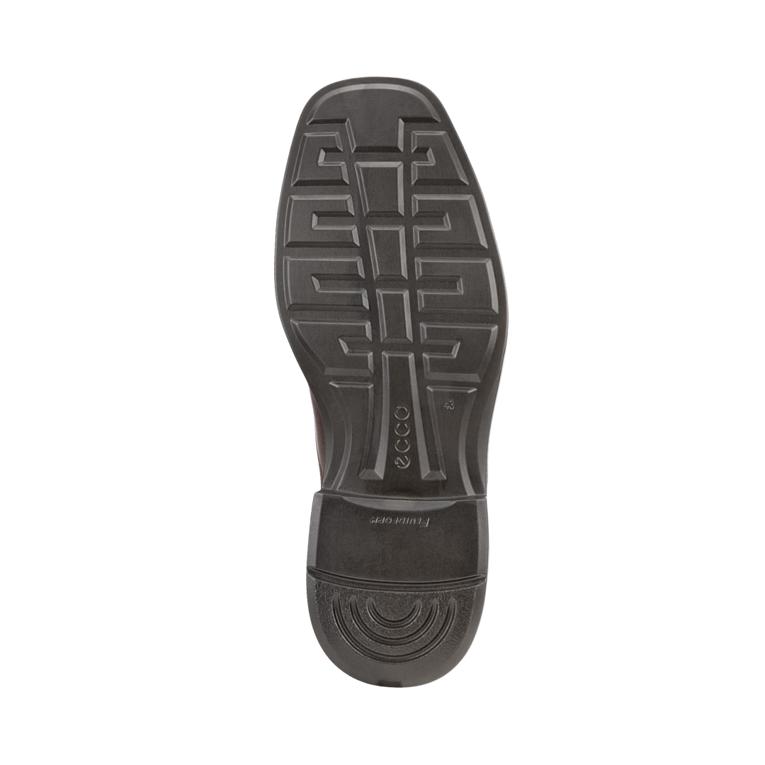 Bottom outsole view of the ECCO Helsinki 2 Bike Toe Derby in Mink featuring the flexible rubber outsole engineered to provide dependable traction, shock absorption, and comfortable movement while FLUIDFORM™ Direct Comfort Technology and the Dual-Fit insole help provide comfort for conditions such as plantar fasciitis, flat feet, overpronation, arthritis, joint pain, metatarsalgia, and general foot fatigue.
