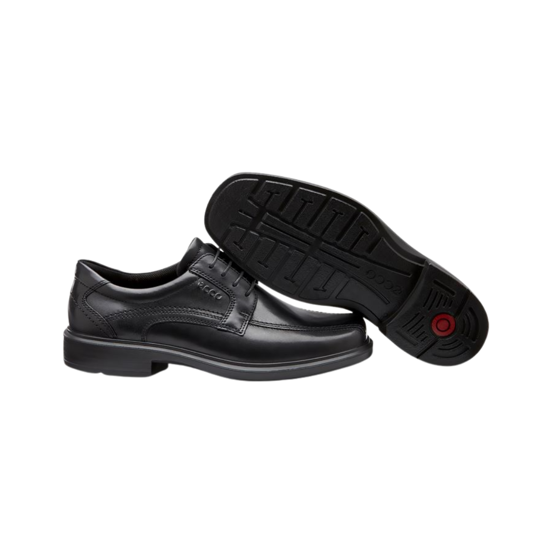 ECCO Helsinki Bike Toe Lace in Black featuring a smooth full-grain leather upper, bike toe detailing, FLUIDFORM™ Direct Comfort Technology, removable orthotic-friendly insole, soft textile lining, and flexible rubber outsole for polished style and all-day support.