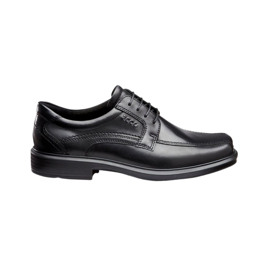 ECCO Helsinki Bike Toe Lace in Black featuring a smooth full-grain leather upper, bike toe detailing, FLUIDFORM™ Direct Comfort Technology, removable orthotic-friendly insole, soft textile lining, and flexible rubber outsole for polished style and all-day support.