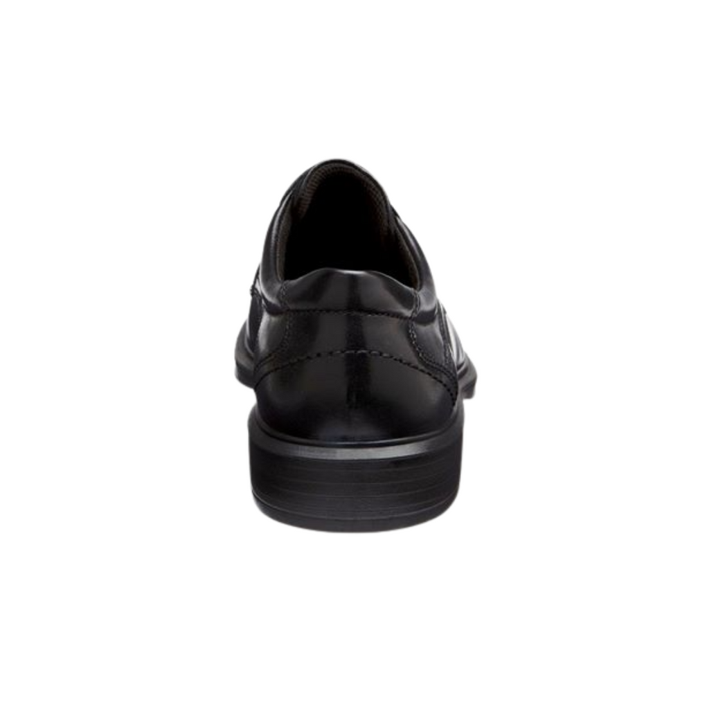 Back heel view of the ECCO Helsinki Bike Toe Lace in Black highlighting the structured heel, supportive FLUIDFORM™ sole construction, and flexible rubber outsole designed to provide stability, shock absorption, and comfortable movement during extended wear.