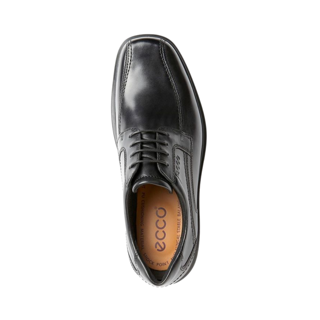 Top view of the ECCO Helsinki Bike Toe Lace in Black displaying the premium leather upper, traditional lace-up system, bike toe detailing, soft textile lining, and removable cushioned insole designed to provide a comfortable fit while accommodating custom orthotics or supportive inserts.