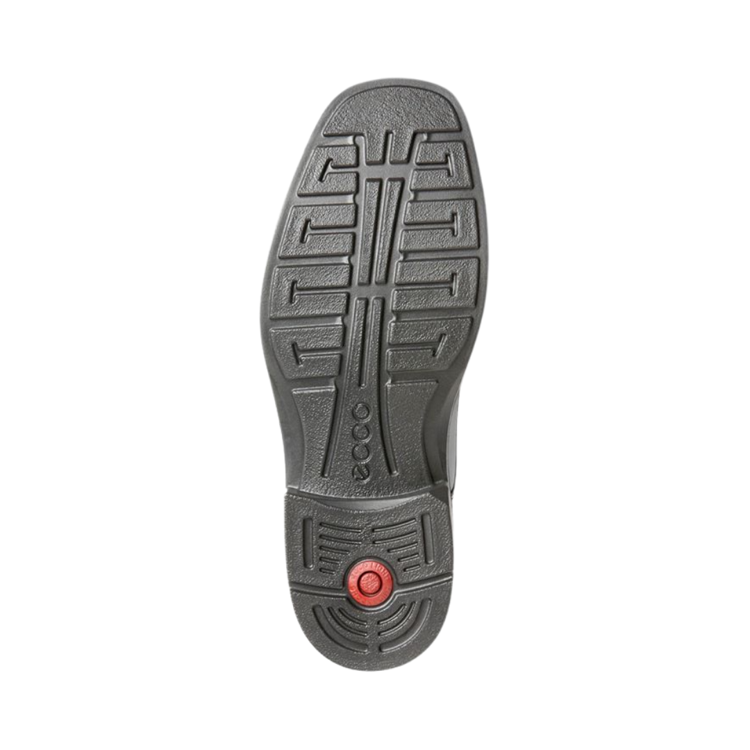 Bottom outsole view of the ECCO Helsinki Bike Toe Lace in Black featuring the flexible rubber outsole engineered to provide reliable grip and shock absorption in urban environments while FLUIDFORM™ Direct Comfort Technology delivers lightweight cushioning and ergonomic support for conditions such as plantar fasciitis, flat feet, overpronation, metatarsalgia, arthritis, joint pain, and general foot fatigue.