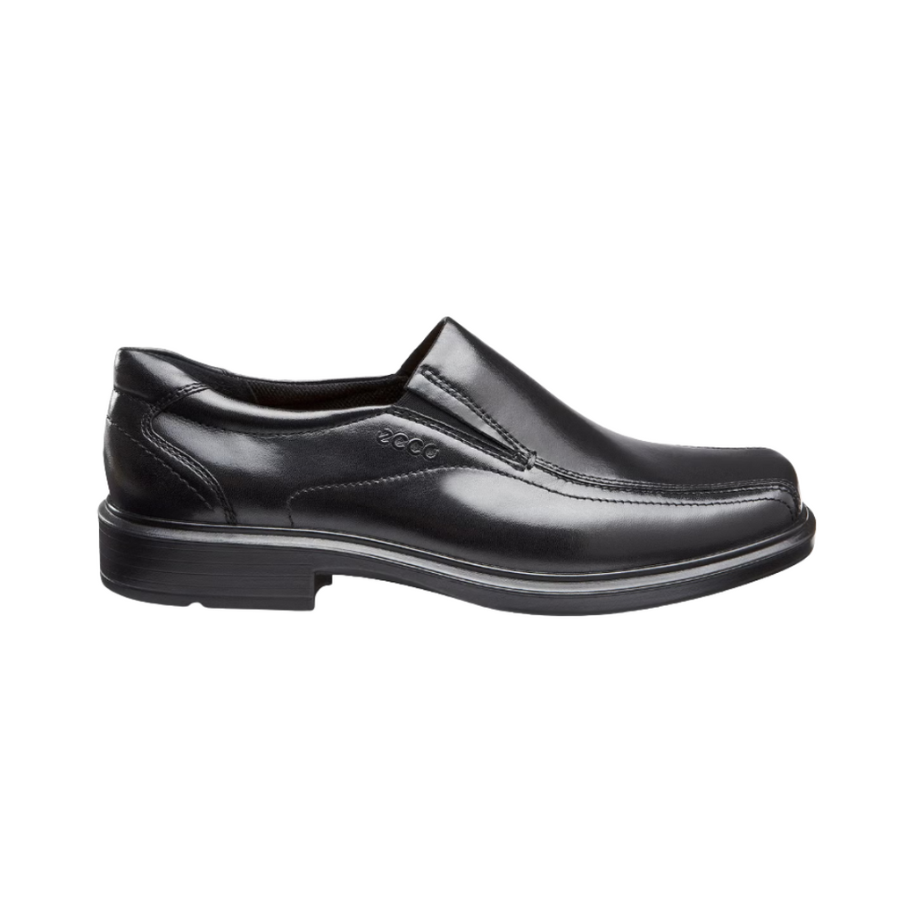 ECCO Helsinki Slip-On Dress Shoe in Black featuring a premium full-grain leather upper, elastic side panels, FLUIDFORM™ Direct Comfort Technology, removable orthotic-friendly insole, soft textile lining, and flexible rubber outsole for polished style and all-day comfort.