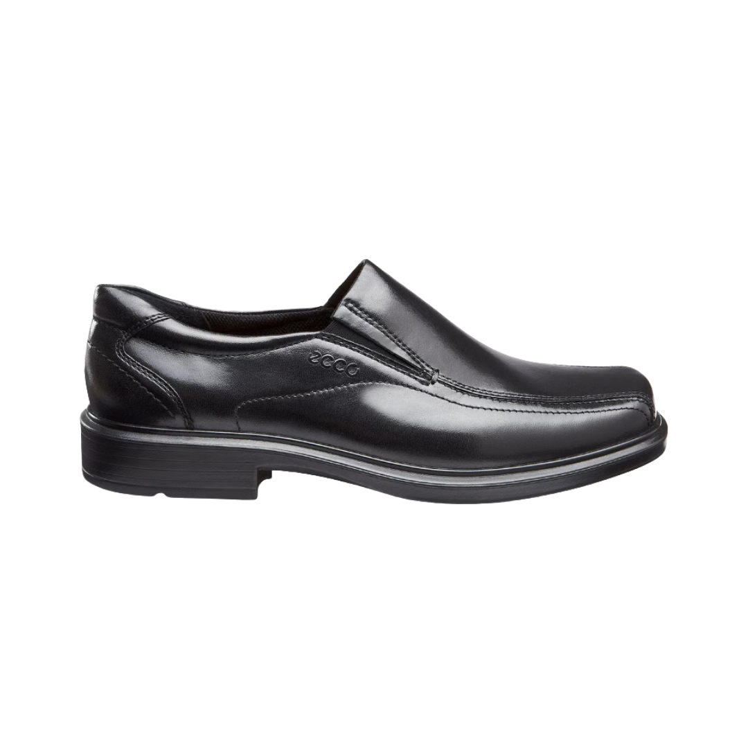 ECCO Helsinki Slip-On Dress Shoe in Black featuring a premium full-grain leather upper, elastic side panels, FLUIDFORM™ Direct Comfort Technology, removable orthotic-friendly insole, soft textile lining, and flexible rubber outsole for polished style and all-day comfort.