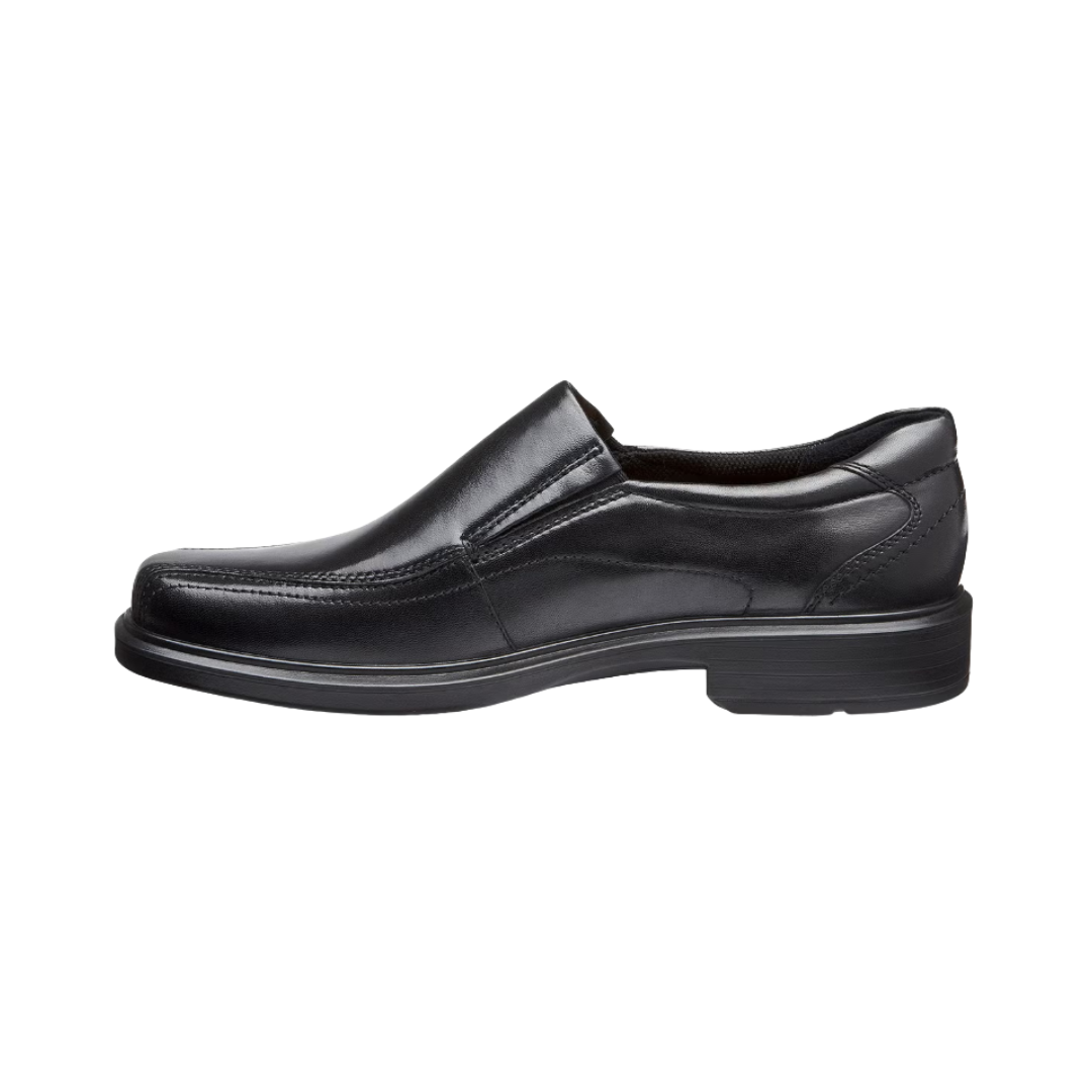 ECCO Helsinki Slip-On Dress Shoe in Black featuring a premium full-grain leather upper, elastic side panels, FLUIDFORM™ Direct Comfort Technology, removable orthotic-friendly insole, soft textile lining, and flexible rubber outsole for polished style and all-day comfort.