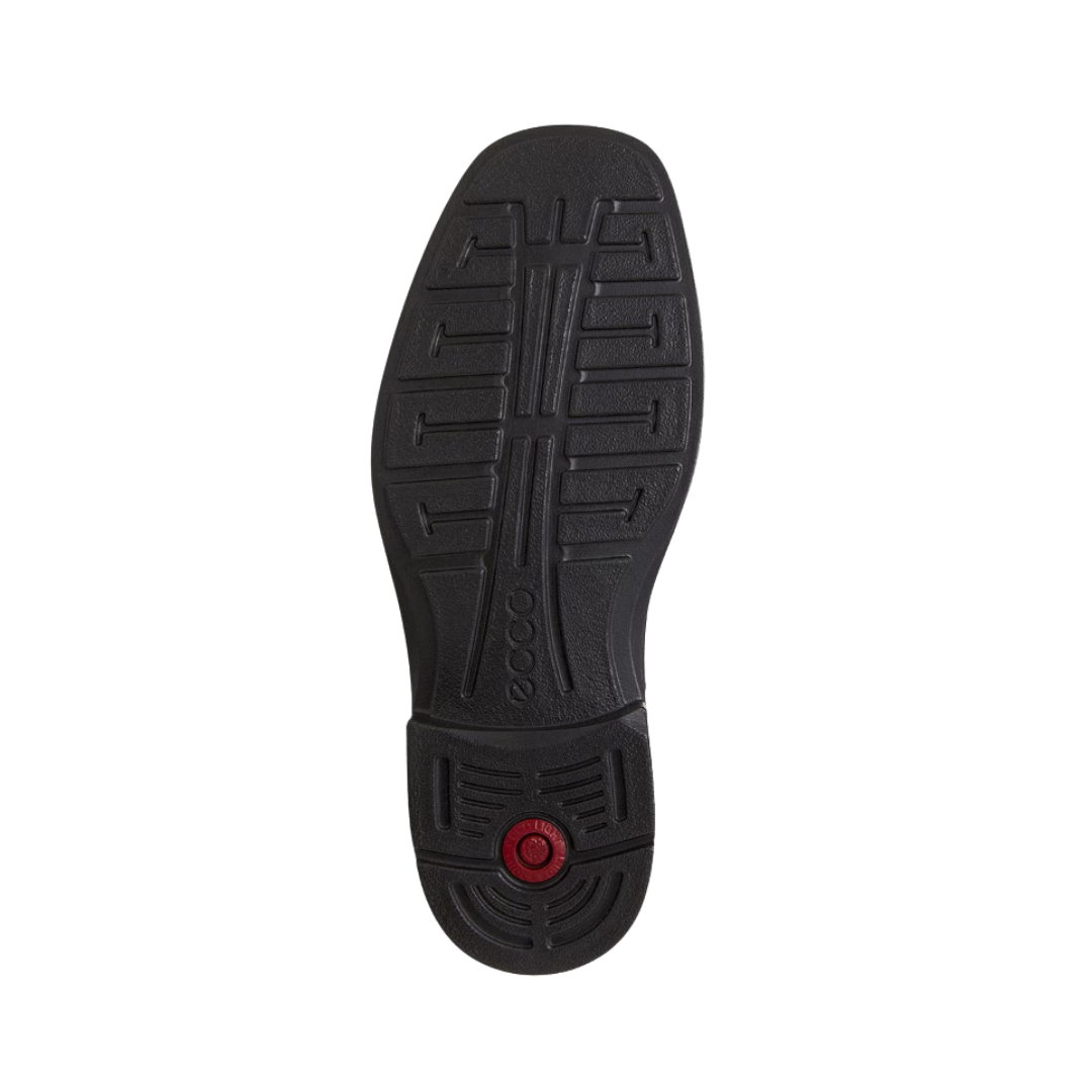 Bottom outsole view of the ECCO Helsinki Slip-On Dress Shoe in Black featuring the flexible rubber outsole engineered for shock absorption and slip-resistant traction while FLUIDFORM™ Direct Comfort Technology provides lightweight cushioning and support for conditions such as plantar fasciitis, flat feet, overpronation, metatarsalgia, arthritis, joint pain, and general foot fatigue.