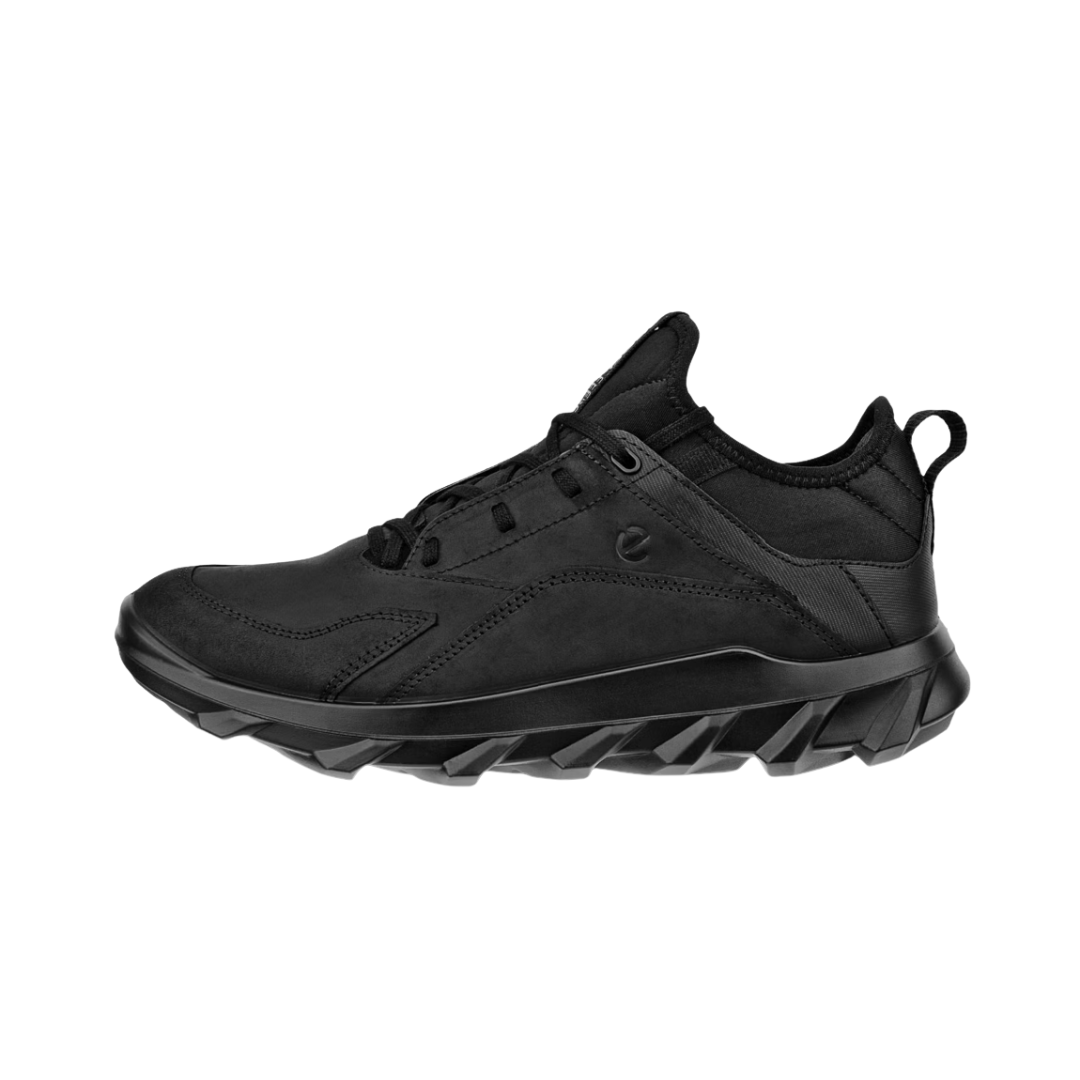 ECCO MX Low in Black featuring a breathable synthetic and textile upper, motocross-inspired rubber outsole, stretch sock-like construction, ECCO FLUIDFORM™ Direct Comfort Technology, removable orthotic-friendly insole, and rugged low-profile design built for versatile performance from trails to city streets.
