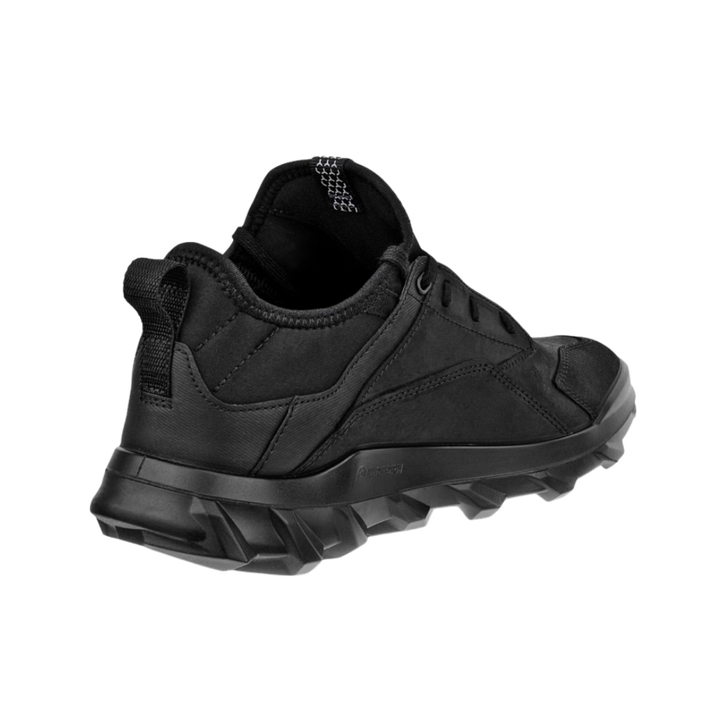 Back heel view of the ECCO MX Low in Black highlighting the supportive heel construction, sock-like collar, cushioned FLUIDFORM™ midsole, and durable rubber outsole designed to enhance stability, absorb impact, and reduce foot fatigue during active movement.