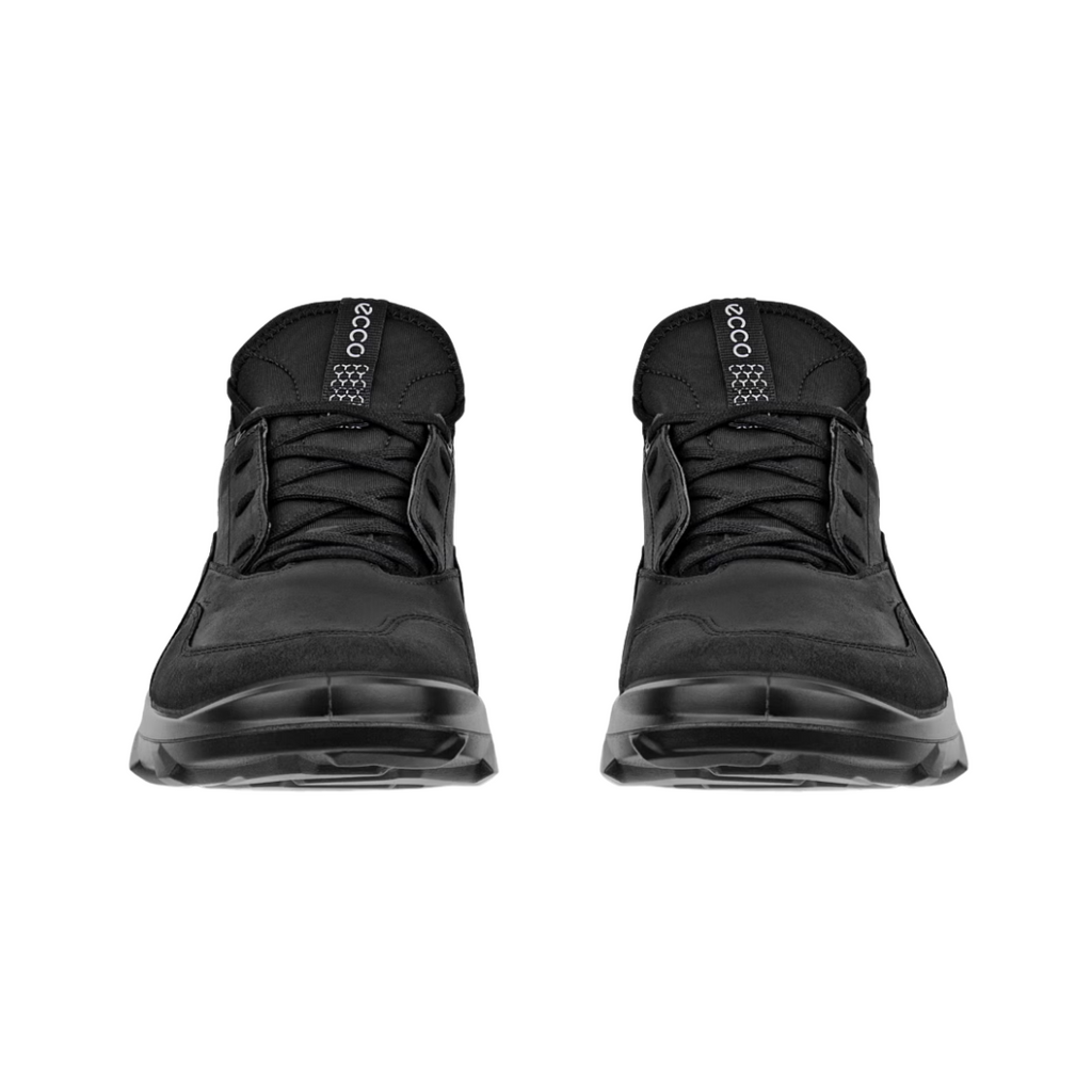 Front view of the ECCO MX Low in Black showcasing the breathable synthetic and textile upper, secure lace-up closure, reinforced toe area, stretch sock-like opening, and athletic styling designed for a snug, comfortable fit during active everyday wear.
