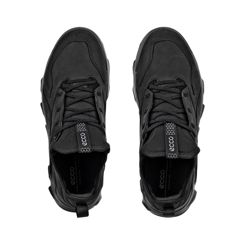 Top view of the ECCO MX Low in Black displaying the breathable upper, secure lace-up system, stretch sock-like construction, removable insole, and streamlined athletic design engineered to provide a snug, supportive fit and comfortable movement.
