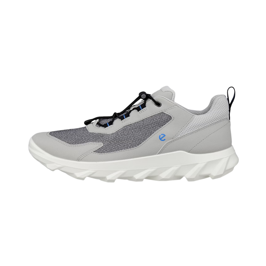 ECCO MX Low Breathru in Concrete/Silver Grey featuring an ultra-breathable mesh upper, stretch sock-like fit, quick-lace system, FLUIDFORM™ Direct Comfort Technology, removable orthotic-friendly insole, and motocross-inspired rubber outsole designed for lightweight comfort, flexibility, and trail-ready traction.