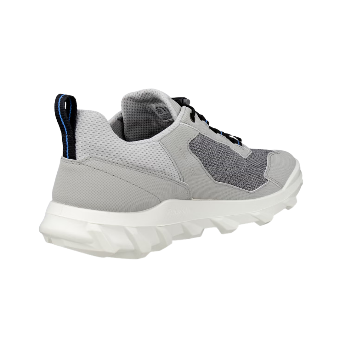 Back heel view of the ECCO MX Low Breathru in Concrete/Silver Grey highlighting the supportive heel construction, flexible sock-like collar, cushioned FLUIDFORM™ midsole, and durable rubber outsole designed to enhance stability, absorb impact, and reduce foot fatigue during active days.