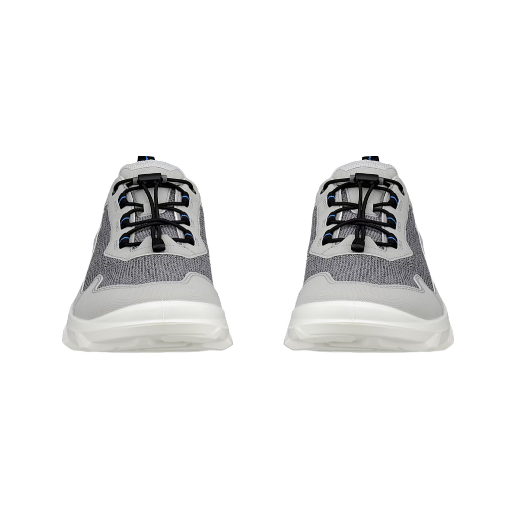 Front view of the ECCO MX Low Breathru in Concrete/Silver Grey showcasing the ventilated mesh upper, secure quick-lace system, reinforced toe area, stretch sock-like opening, and athletic design engineered for breathable comfort and agile movement.