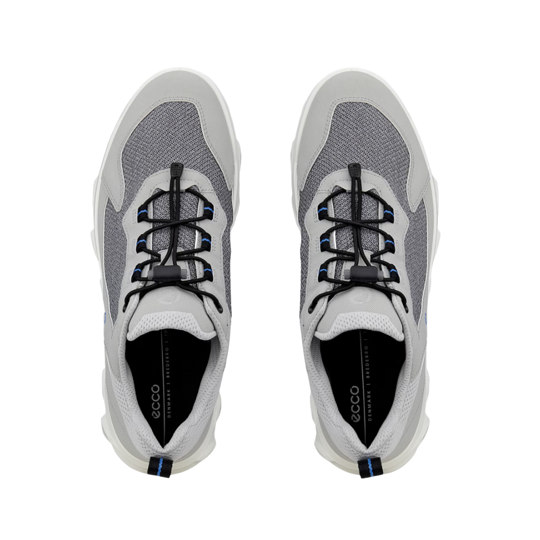 Top view of the ECCO MX Low Breathru in Concrete/Silver Grey displaying the ultra-breathable mesh upper, quick-lace closure, stretch sock-like construction, removable insole, and streamlined athletic design engineered to provide airflow, a secure fit, and comfortable all-day movement.