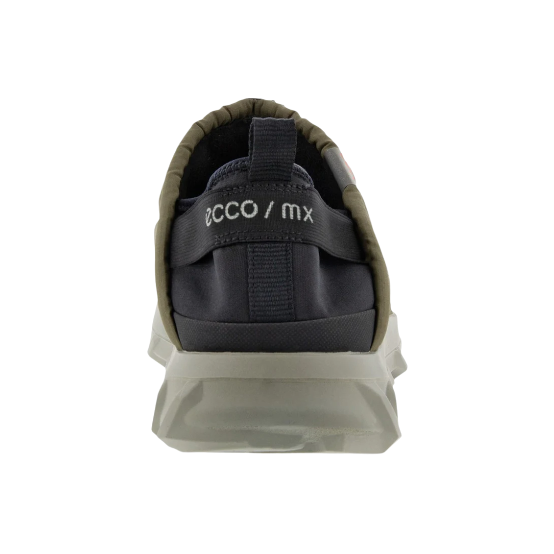 Back heel view of the ECCO MX Q-Slip in Tarmac highlighting the elastic collar, convenient heel tab, supportive heel construction, cushioned FLUIDFORM™ midsole, and durable rubber outsole designed to provide stability, shock absorption, and easy on/off convenience.