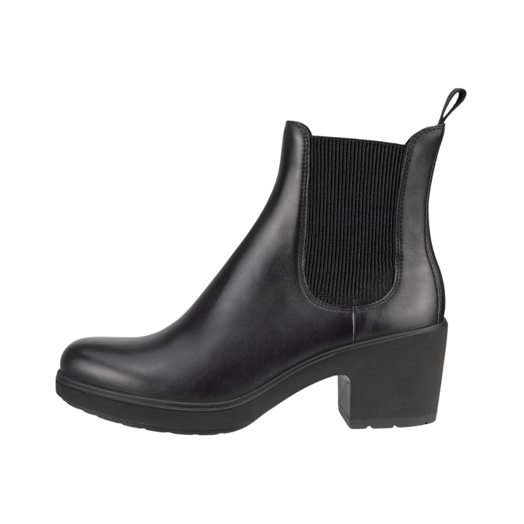 ECCO Women’s Metropole Zürich Chelsea Boot in Black featuring a smooth leather upper, stretch elastic side panels, FLUIDFORM™ Technology, soft textile lining, removable orthotic-friendly insole, and durable rubber outsole for polished style and supportive everyday comfort.
