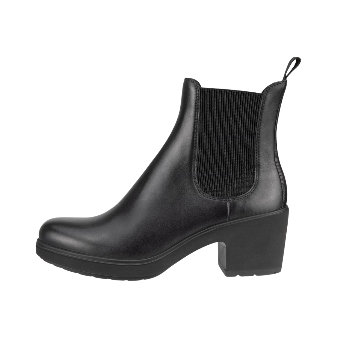ECCO Women’s Metropole Zürich Chelsea Boot in Black featuring a smooth leather upper, stretch elastic side panels, FLUIDFORM™ Technology, soft textile lining, removable orthotic-friendly insole, and durable rubber outsole for polished style and supportive everyday comfort.