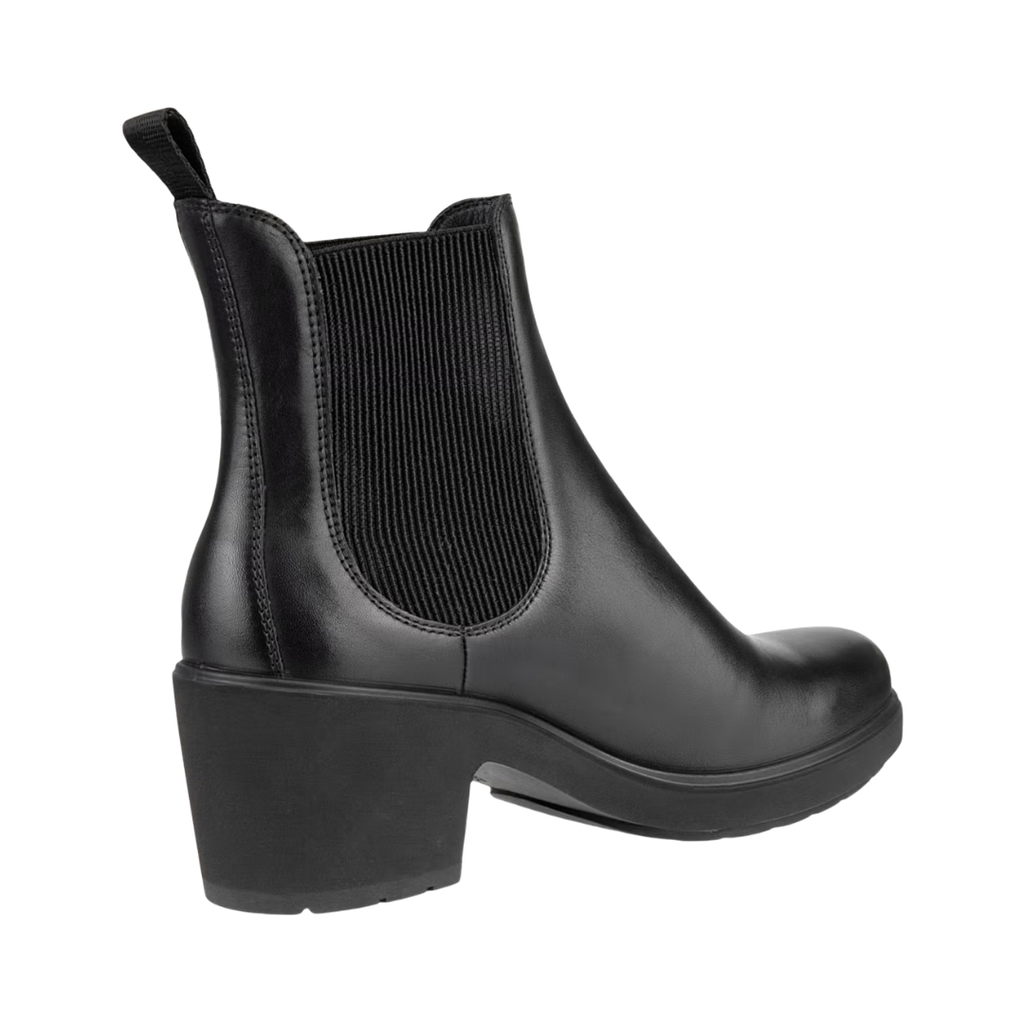 Back heel view of the ECCO Women’s Metropole Zürich Chelsea Boot in Black highlighting the supportive ankle-height construction, stretch elastic panels, cushioned FLUIDFORM™ sole, and durable rubber outsole designed to provide stability, flexibility, and comfortable movement.
