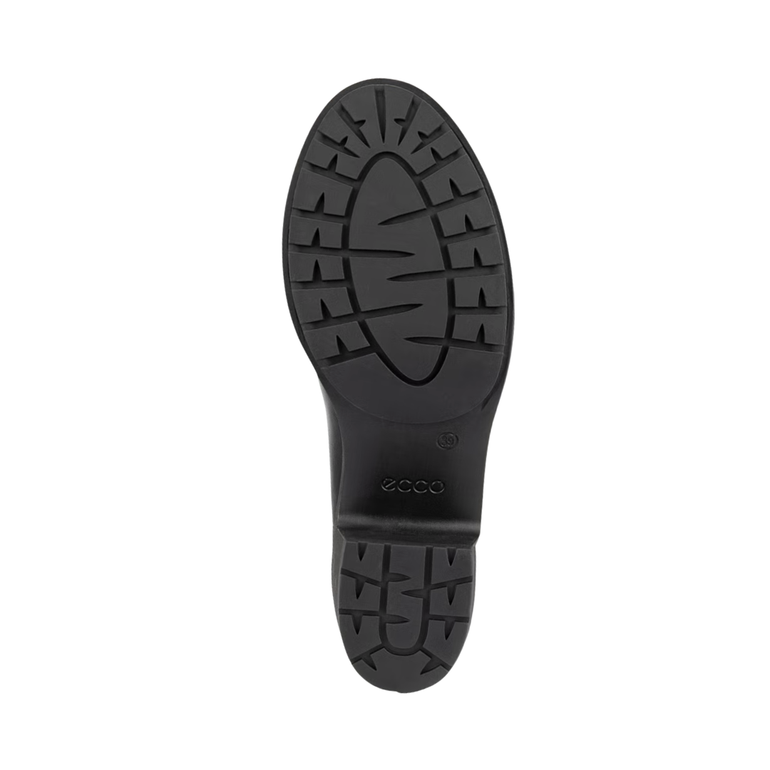 Bottom outsole view of the ECCO Women’s Metropole Zürich Chelsea Boot in Black featuring the durable rubber outsole engineered to provide reliable traction and flexibility on varied surfaces while FLUIDFORM™ Technology provides lightweight cushioning and anatomical support for conditions such as plantar fasciitis, flat feet, overpronation, heel pain, mild bunions, and general foot fatigue.