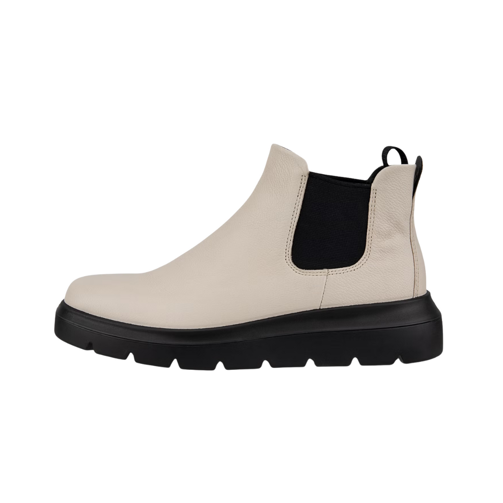 ECCO Women’s Nouvelle Chelsea Boot in Limestone featuring a smooth leather upper, dual elastic side panels, FLUIDFORM™ Direct Comfort Technology, removable orthotic-friendly insole, textile lining, low block heel, and lightweight PU outsole for polished style and all-day comfort.