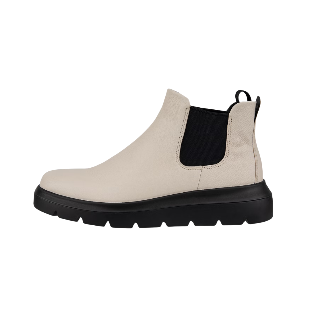 ECCO Women’s Nouvelle Chelsea Boot in Limestone featuring a smooth leather upper, dual elastic side panels, FLUIDFORM™ Direct Comfort Technology, removable orthotic-friendly insole, textile lining, low block heel, and lightweight PU outsole for polished style and all-day comfort.