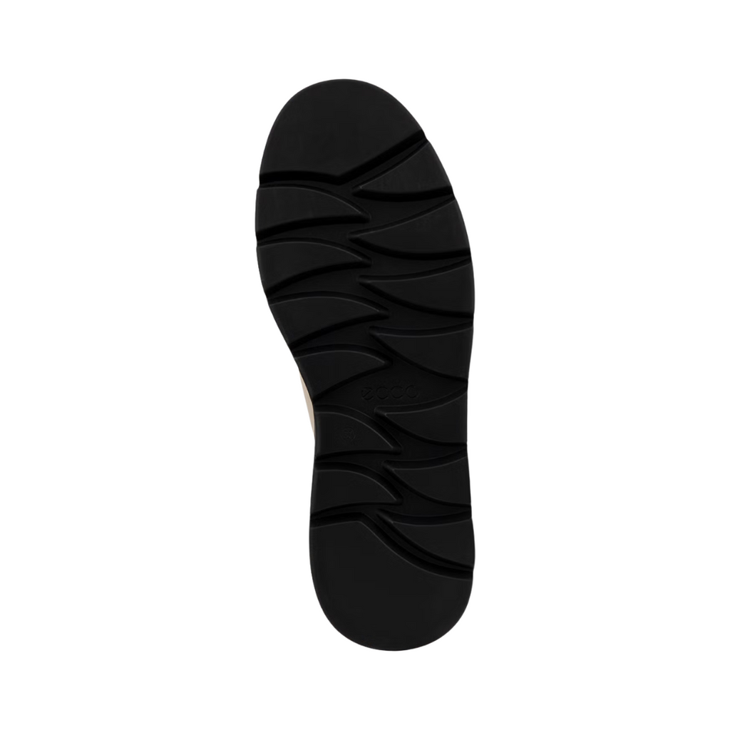 Bottom outsole view of the ECCO Women’s Nouvelle Chelsea Boot in Limestone featuring the lightweight PU outsole engineered to provide dependable traction, durability, and shock absorption while FLUIDFORM™ Direct Comfort Technology provides anatomical cushioning and support for conditions such as plantar fasciitis, flat feet, overpronation, heel pain, bunions, and general foot fatigue.