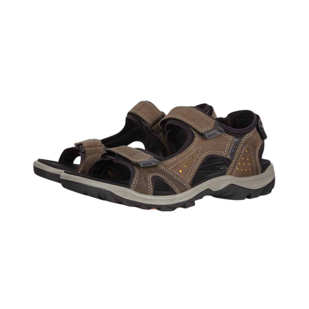 ECCO Offroad Lite Sandal in Dark Clay featuring a premium nubuck leather upper, adjustable hook-and-loop straps, RECEPTOR® Lite Technology, dual-density EVA footbed, shock-absorbing midsole, and lightweight rubber outsole designed for supportive comfort and reliable performance on trails and pavement.