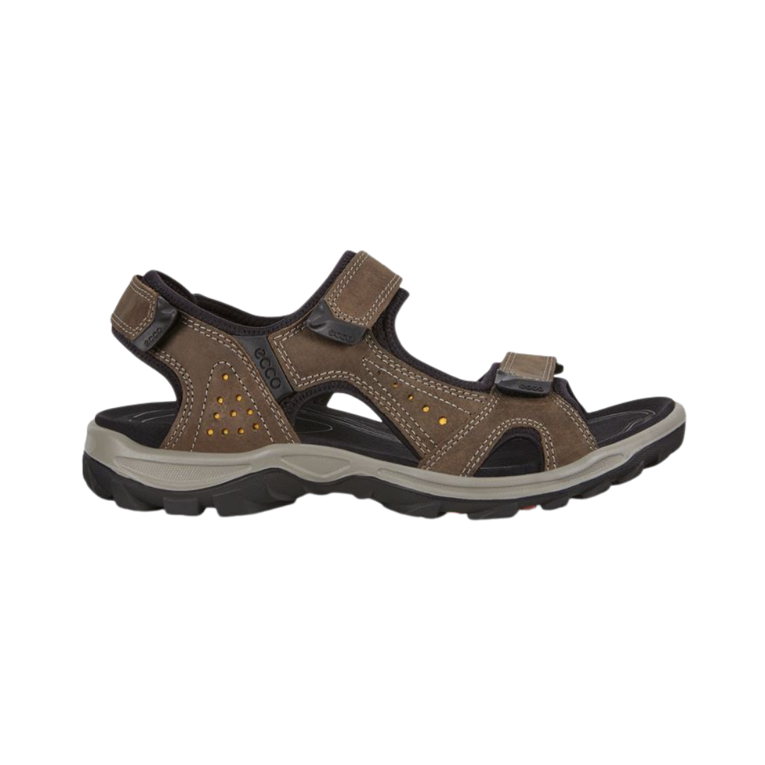 ECCO Offroad Lite Sandal in Dark Clay featuring a premium nubuck leather upper, adjustable hook-and-loop straps, RECEPTOR® Lite Technology, dual-density EVA footbed, shock-absorbing midsole, and lightweight rubber outsole designed for supportive comfort and reliable performance on trails and pavement.