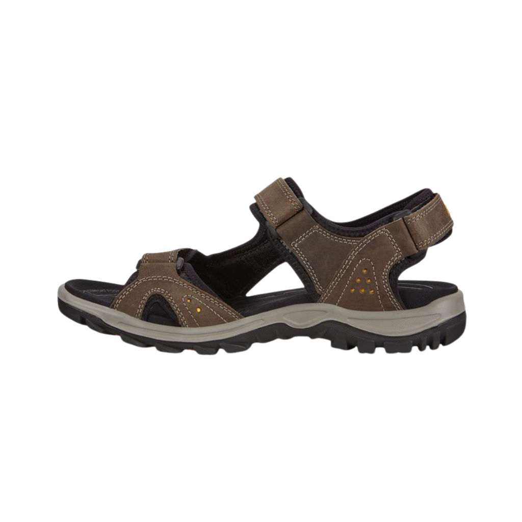 ECCO Offroad Lite Sandal in Dark Clay featuring a premium nubuck leather upper, adjustable hook-and-loop straps, RECEPTOR® Lite Technology, dual-density EVA footbed, shock-absorbing midsole, and lightweight rubber outsole designed for supportive comfort and reliable performance on trails and pavement.