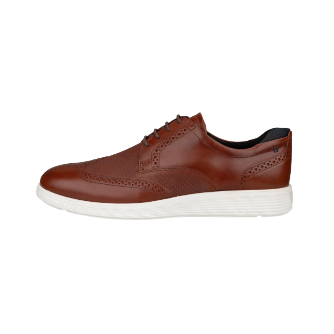 ECCO S Lite Hybrid Brogue in Cognac featuring a premium full-grain leather upper, classic brogue perforations, FLUIDFORM™ Direct Comfort Technology, ultra-light PU outsole, lace-up closure, textile lining, and removable orthotic-friendly insole designed to combine refined style with lightweight everyday comfort.