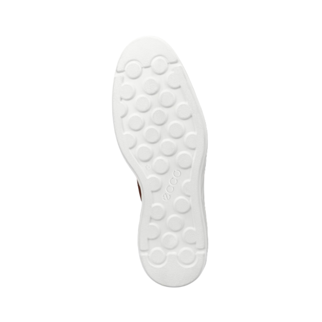 Bottom outsole view of the ECCO S Lite Hybrid Brogue in Cognac featuring the ultra-light PU outsole engineered to provide flexibility, traction, and shock absorption while FLUIDFORM™ Direct Comfort Technology and the removable cushioned insole help provide comfort for conditions such as plantar fasciitis, flat feet, overpronation, metatarsalgia, arthritis, joint pain, and general foot fatigue.