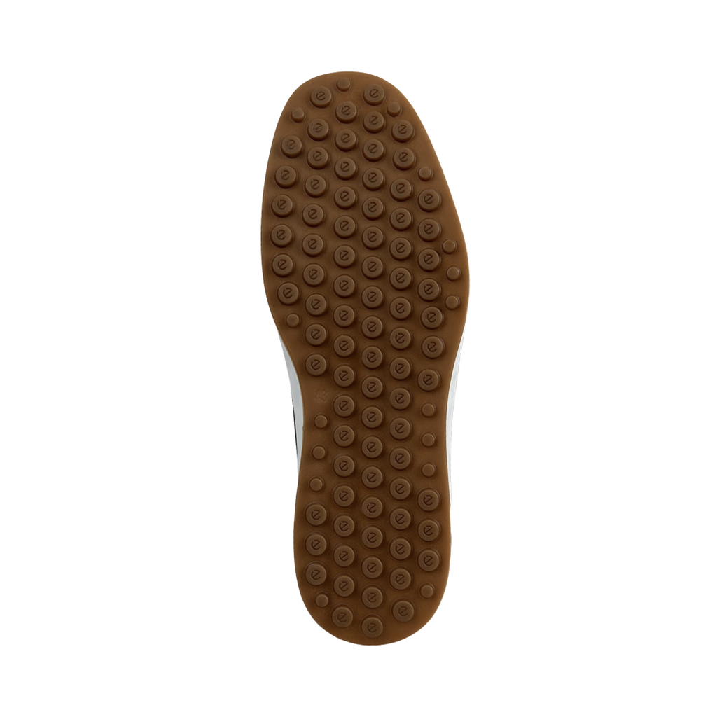 Bottom outsole view of the ECCO S Lite Moccasin Slip-On in Cognac featuring the ultra-light PU outsole engineered to provide flexible traction and shock absorption without added weight while FLUIDFORM™ Direct Comfort Technology and cushioned support help provide comfort for conditions such as plantar fasciitis, flat feet, overpronation, metatarsalgia, arthritis, joint sensitivity, and general foot fatigue.
