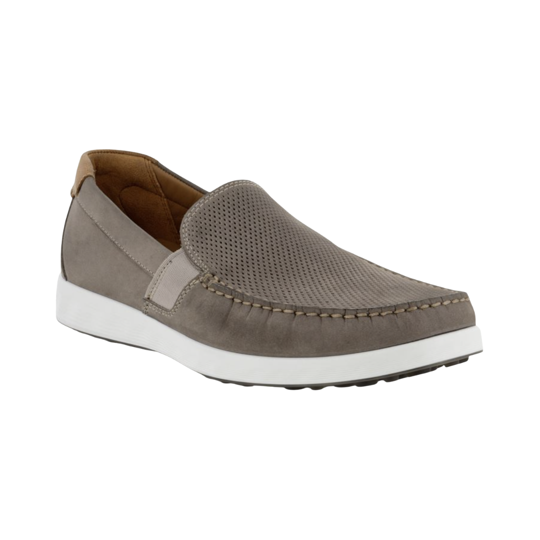 ECCO S Lite Moccasin Slip-On in Warm Grey featuring a premium nubuck upper, classic moc-toe stitching, FLUIDFORM™ Direct Comfort Technology, ultra-light PU outsole, soft textile lining, slip-on construction, and removable orthotic-friendly inlay designed for lightweight support and everyday comfort.