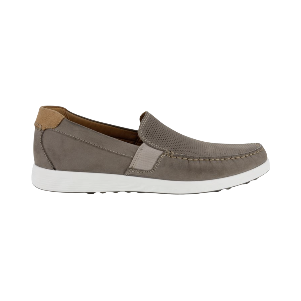 ECCO S Lite Moccasin Slip-On in Warm Grey featuring a premium nubuck upper, classic moc-toe stitching, FLUIDFORM™ Direct Comfort Technology, ultra-light PU outsole, soft textile lining, slip-on construction, and removable orthotic-friendly inlay designed for lightweight support and everyday comfort.