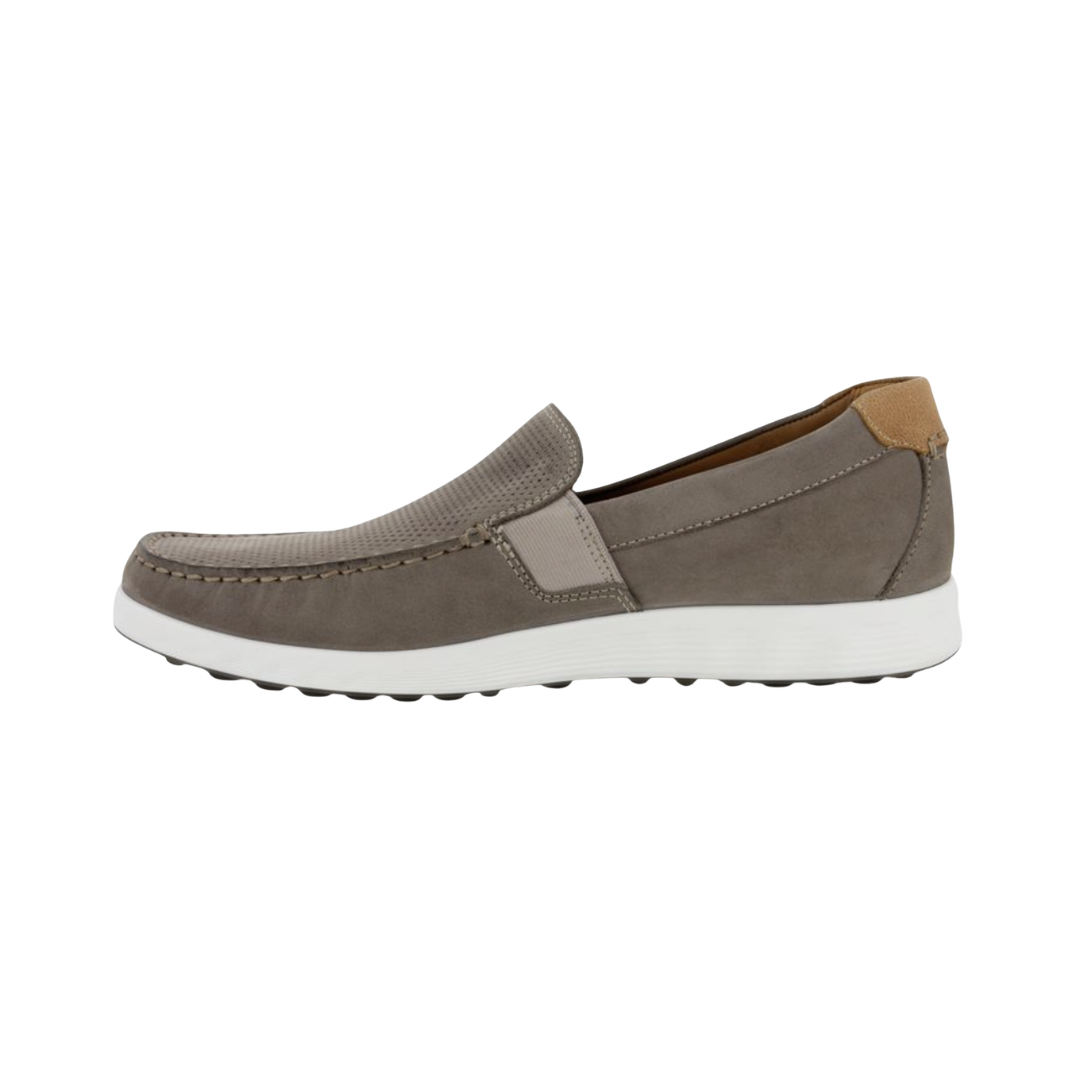 ECCO S Lite Moccasin Slip-On in Warm Grey featuring a premium nubuck upper, classic moc-toe stitching, FLUIDFORM™ Direct Comfort Technology, ultra-light PU outsole, soft textile lining, slip-on construction, and removable orthotic-friendly inlay designed for lightweight support and everyday comfort.