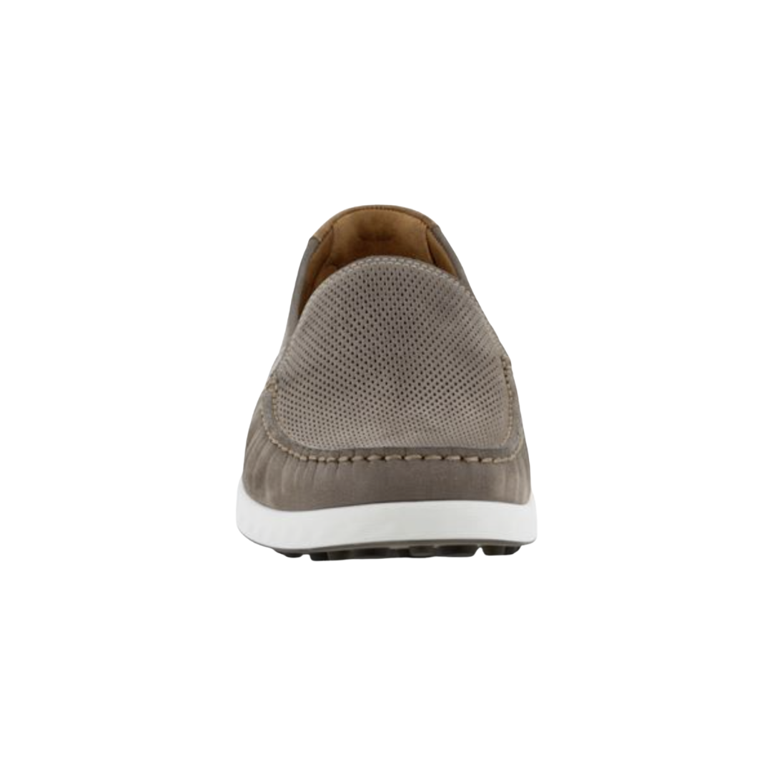 Front view of the ECCO S Lite Moccasin Slip-On in Warm Grey showcasing the rich nubuck upper, moc-toe stitching, rounded toe design, and streamlined slip-on silhouette engineered for a polished appearance and comfortable everyday wear.