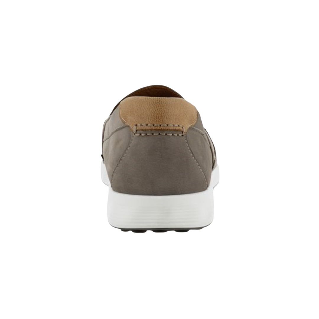Back heel view of the ECCO S Lite Moccasin Slip-On in Warm Grey highlighting the supportive heel construction, soft textile lining, cushioned FLUIDFORM™ sole, and lightweight PU outsole designed to provide stability, shock absorption, and comfortable support throughout the day.